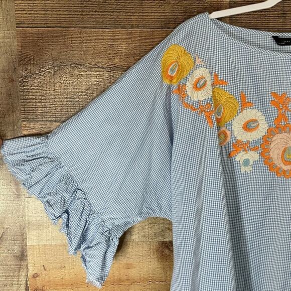 Zara Woman White Blue Gingham Check Print Floral Embroidered Tunic Top SZ Medium - Picture 4 of 11